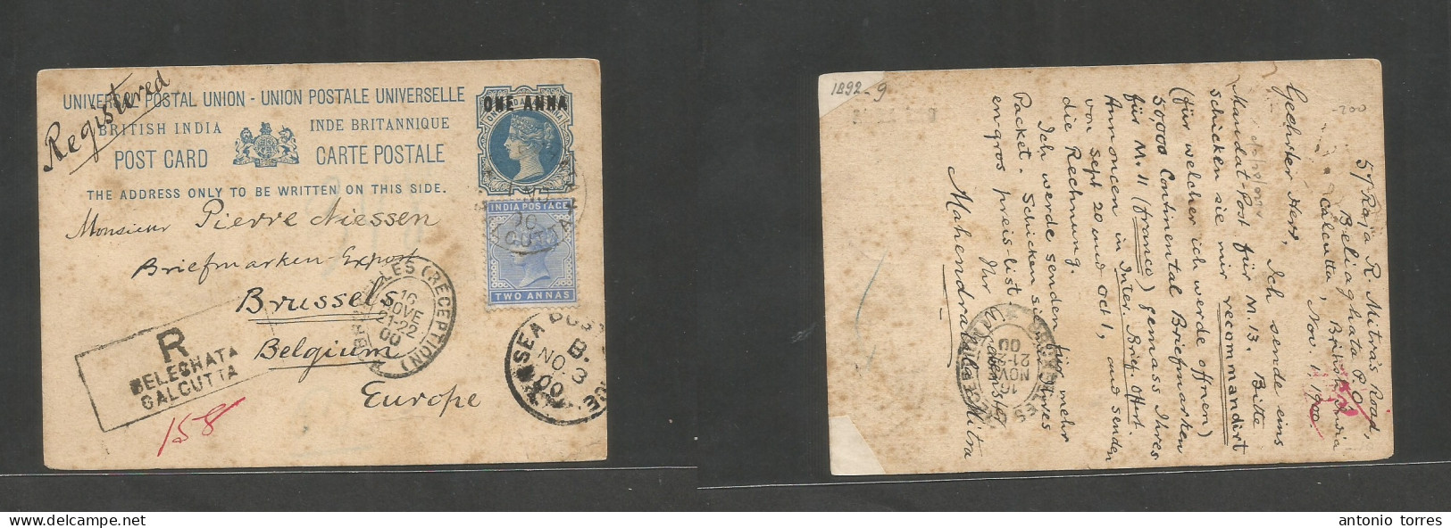 India. 1900 (1 Nov) Calcutta - Belgium, Brussels (16 Nov) Fast Trip. Registered 1a Blue Ovptd Stat Card + 2a Blue Adtl C - Otros & Sin Clasificación