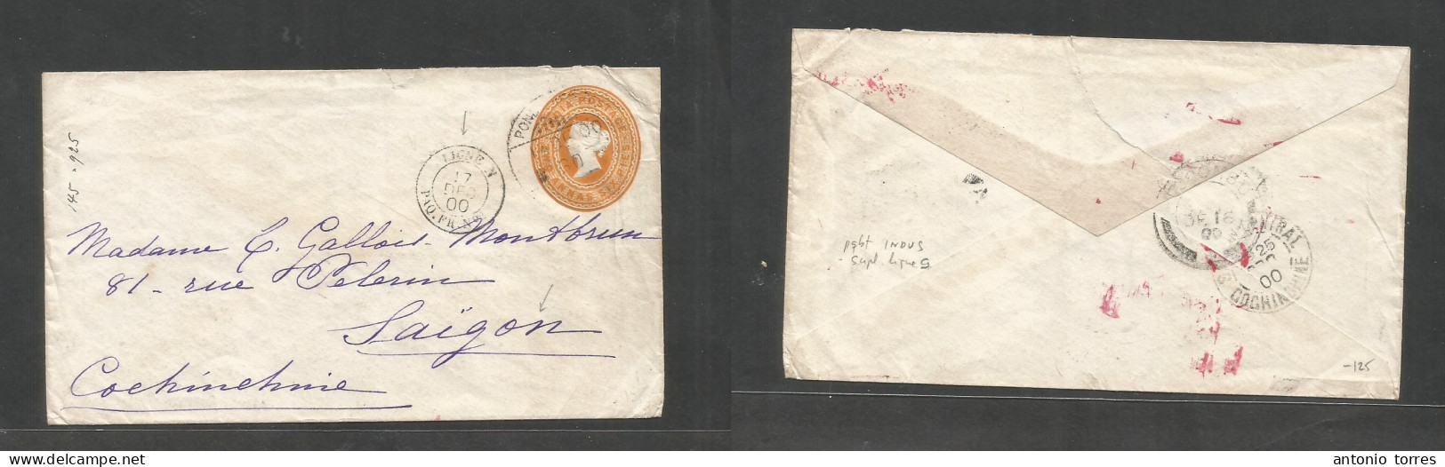 India. 1900 (14 Dec) Pondichery - Indochina, Saigon (25 Dec) 2a 6p Yellow Embossed QV Stat Env, Cds French Pqbt Ligne N - Autres & Non Classés
