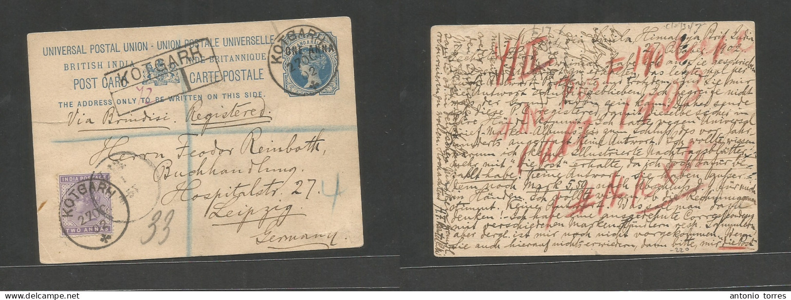 India. 1902 (27 Oct) Kotgarh, Himalaya - Germany, Leipzig. 1a Ovptd Blue QV Stat Card + 2a Lilac Adtl, Tied Cds + R-cach - Other & Unclassified