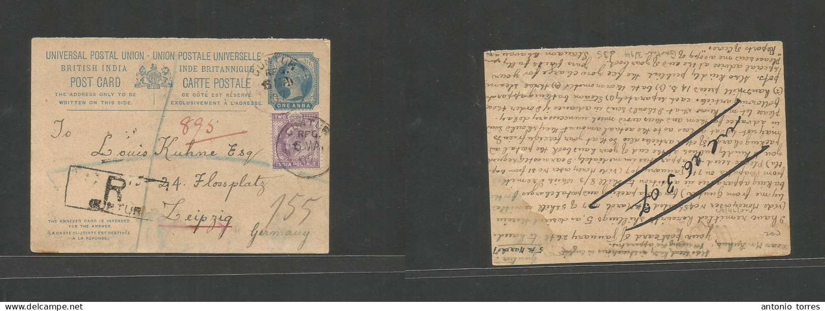 India. 1907 (5 March) Guntur - Germany, Leipzig. Registered QV 1a Blue Stat Card + 2a Lilac Adtl Tied Cds + R-cachet. Fi - Andere & Zonder Classificatie