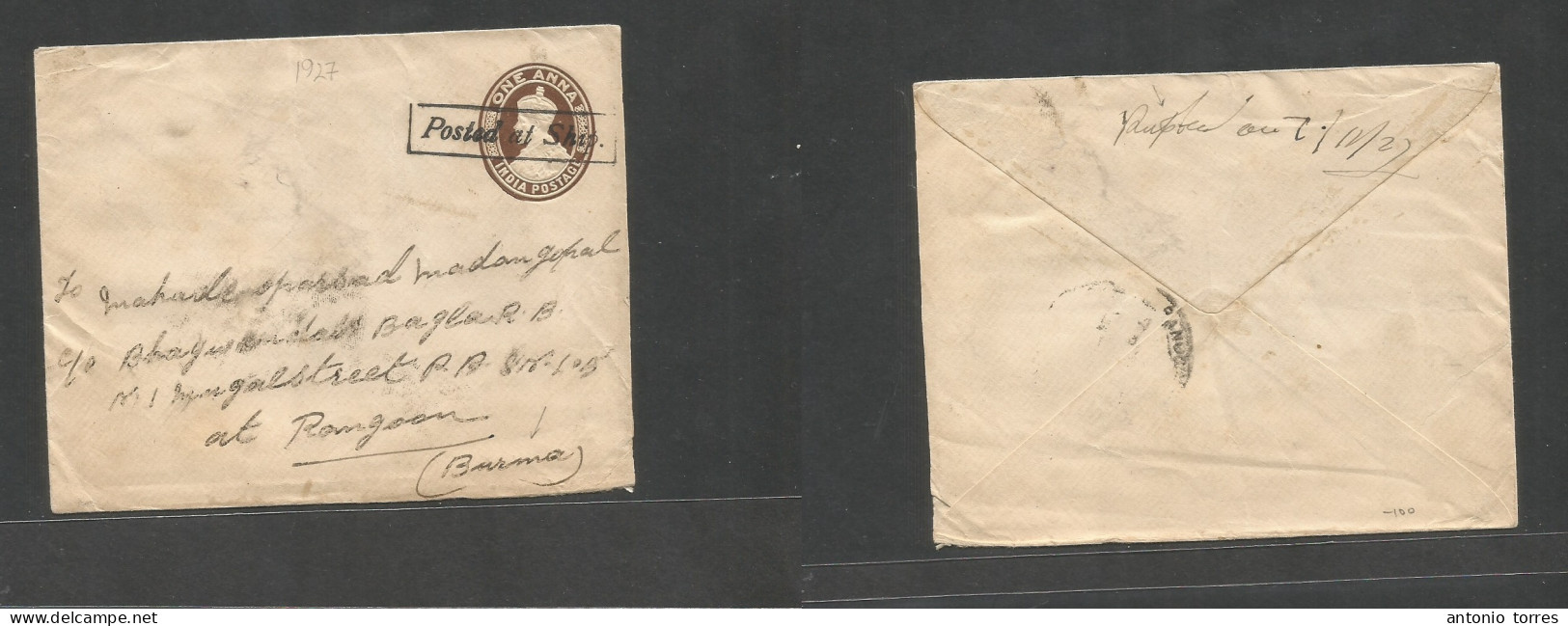 India. 1927 (7 Dec) Used In Burma, Yanpour - Rangoon. 1a Brown Stat Env, Boxed "Posted At Ship" (xxx) VF Pqbt Cancel. Ni - Otros & Sin Clasificación