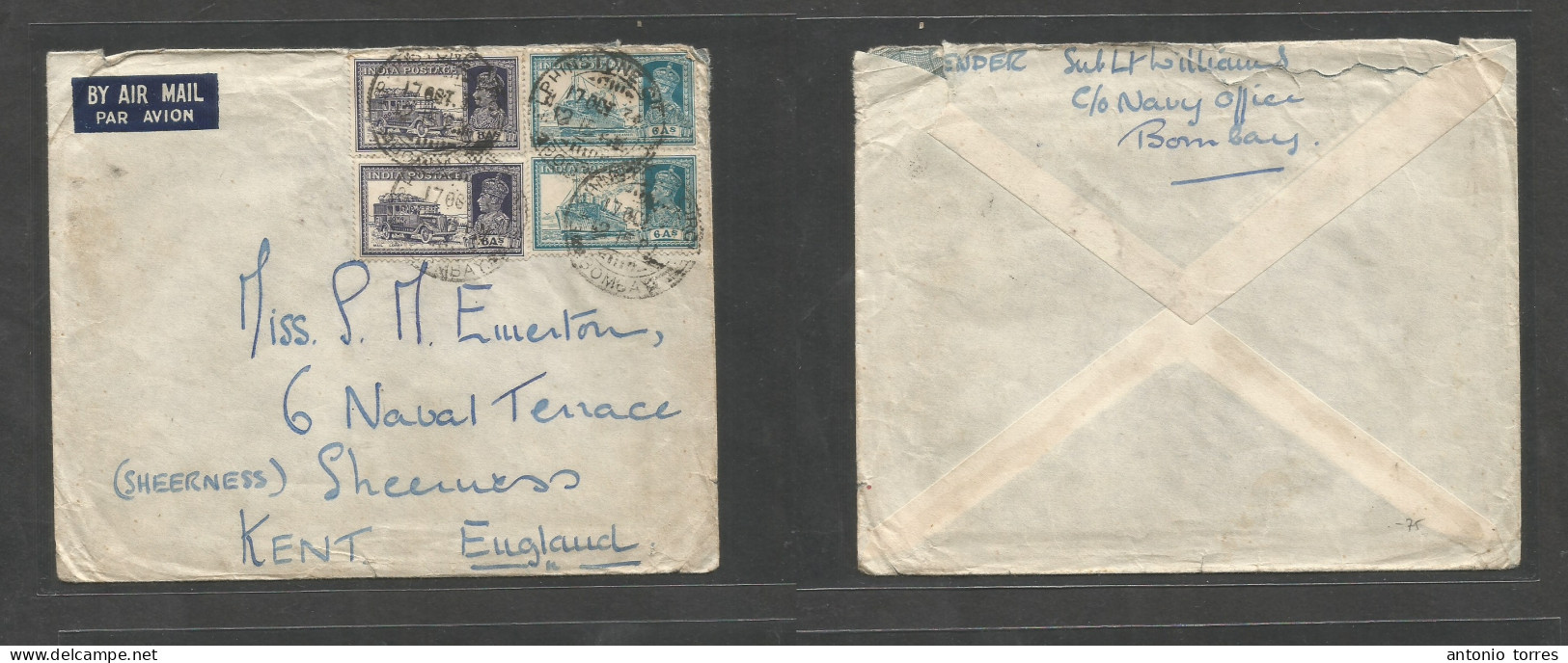 India. 1937 (17 Oct) Alphinstone - England, Kent, Sheerness. Air Multifkd Env At 26a Correct Rate, Tied Cds. - Other & Unclassified
