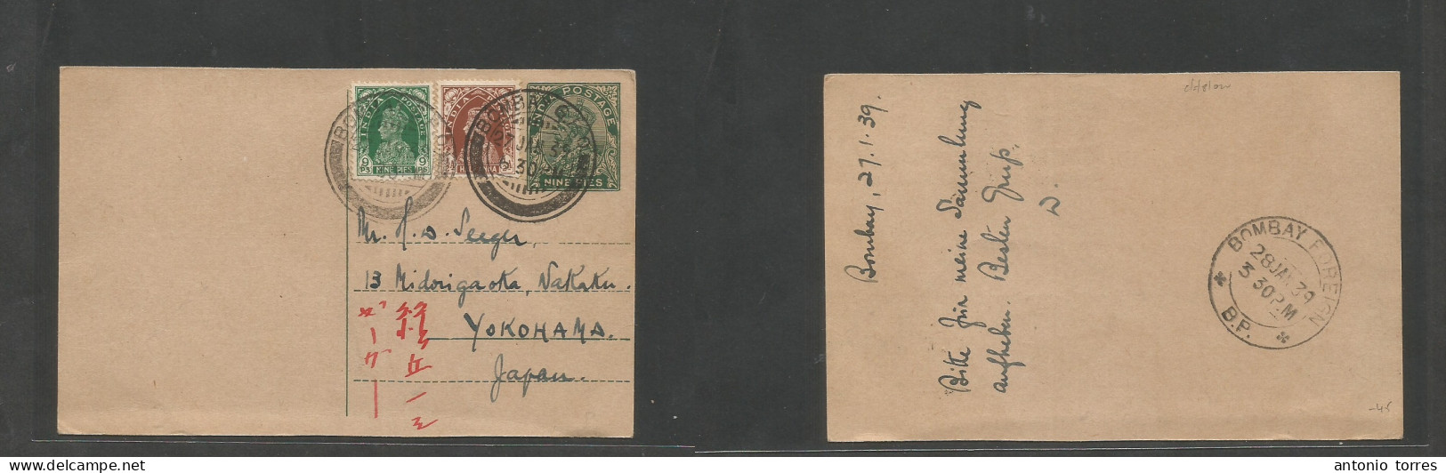 India. 1939 (27 Jan) Bombay - Japan, Yokohama. 9p Green + 2 Adtls Stat Card, Tied Cds + Mns Japanese Arrival Details. XF - Sonstige & Ohne Zuordnung