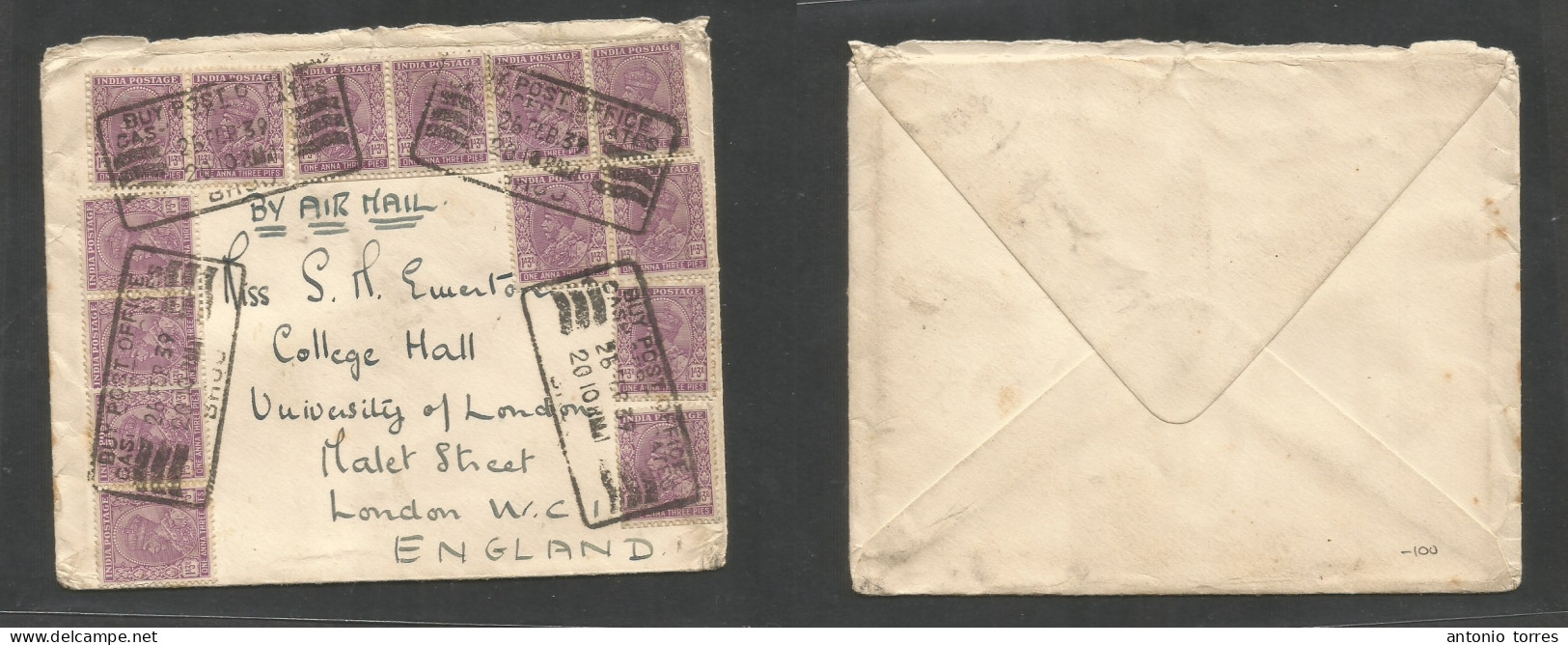 India. 1939 (26 Febr) BHOU GPO - England, London. Multifkd 1a 3r Lilac (x16) Air Envelope Tied Slogan Cash Certificates - Autres & Non Classés