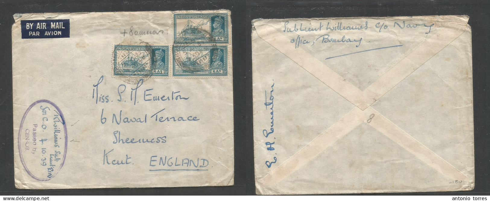 India. 1939 (5 July) Navy Office Mail. Bombay - England, Kent, Sherness. Air Multifkd Env At 18a Rate, Oval Navy Censor - Sonstige & Ohne Zuordnung