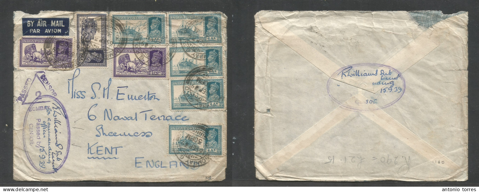 India. 1939 (13-15 Sept) Navy Officer Mail. Bombay - England, Kent. Air Multifkd Envelope, Civil + Special Oval Military - Other & Unclassified