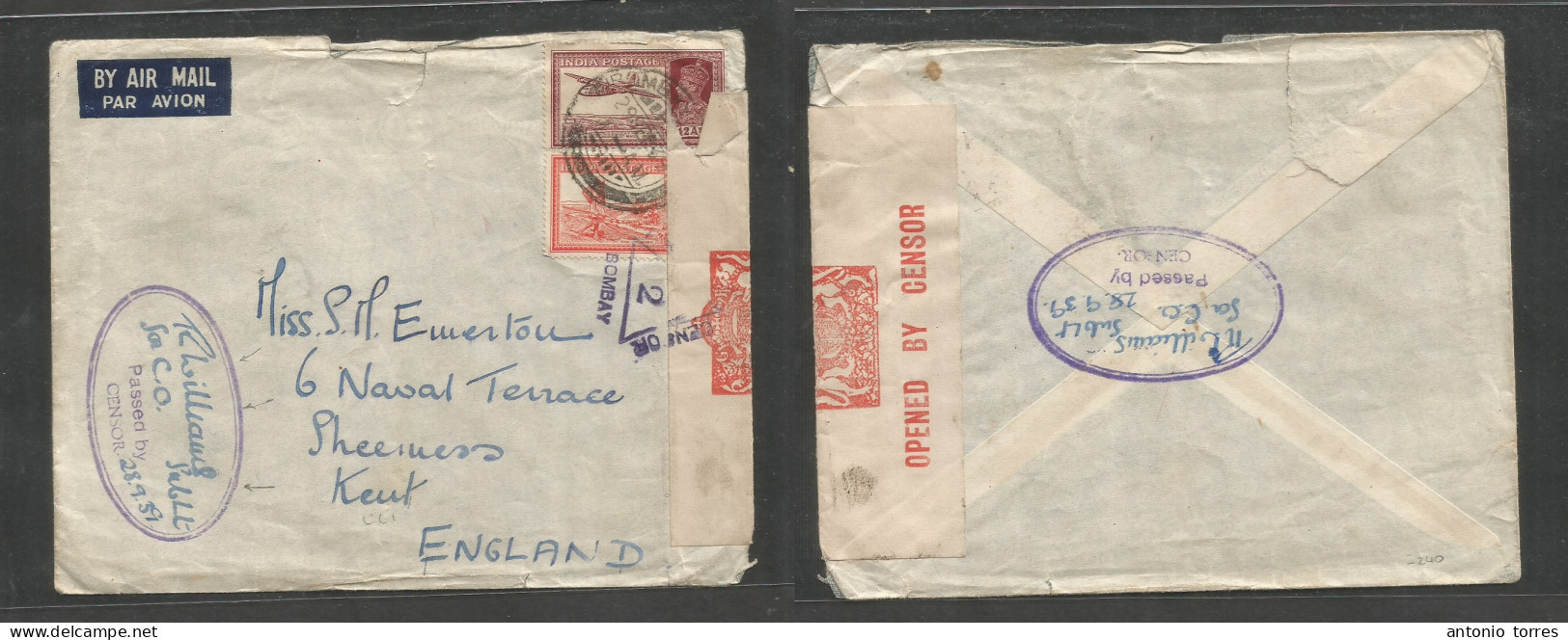 India. 1939 (29 Sept) Naval Officer Mail. Bombay - England, Kent, Sheeness. Air Multifkd Env, Special Oval Naval Censors - Andere & Zonder Classificatie