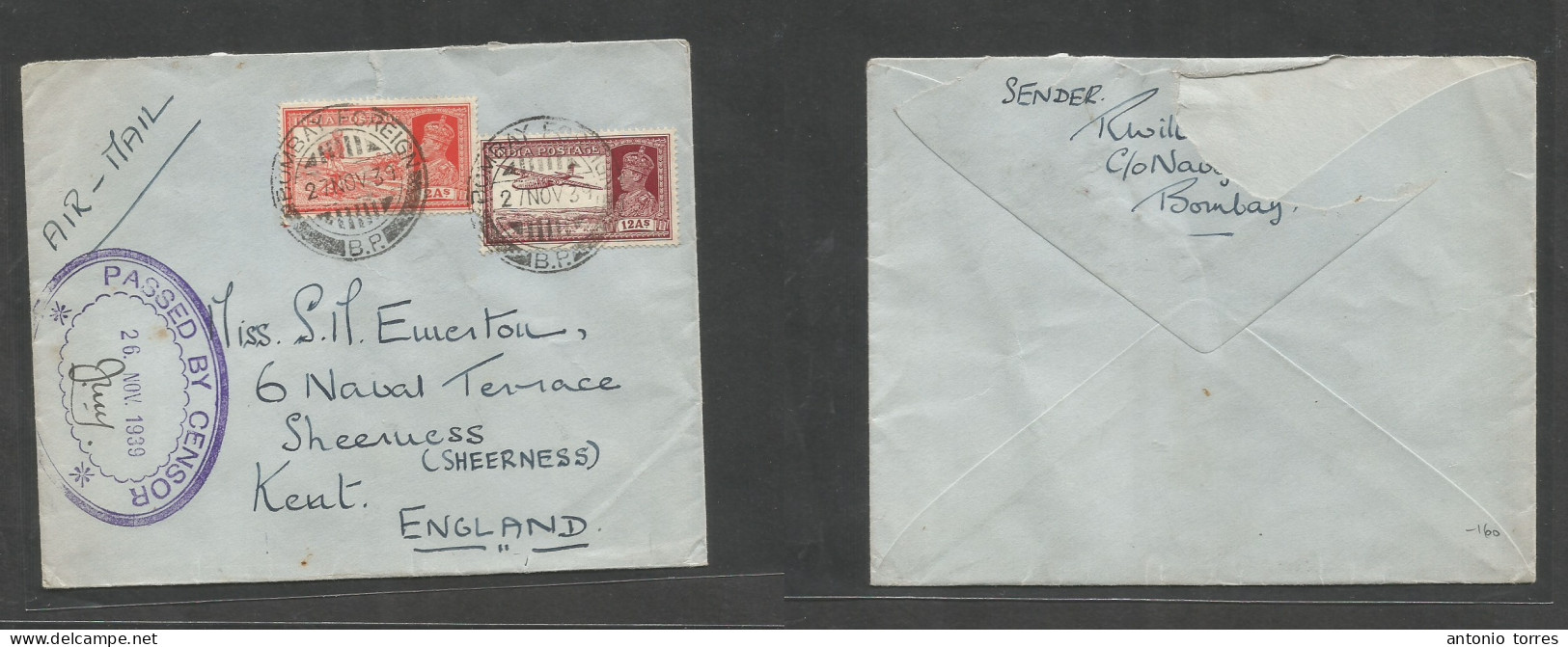 India. 1939 (26-27 Nov) Naval Office Mail. Bombay - England, Kent, Sheeness. Air Multifkd Envelope, Special Oval Naval C - Other & Unclassified