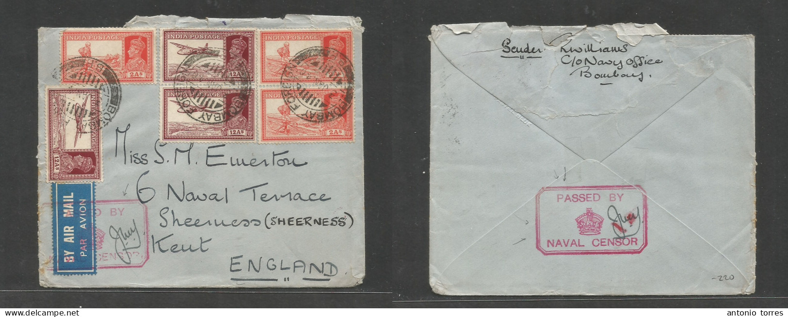 India. 1940 (3 Jan) Naval Officer Mail. Bombay - England, Kent, Sheeness. Air Multifkd Envelope Tied Cds + Special Red N - Autres & Non Classés