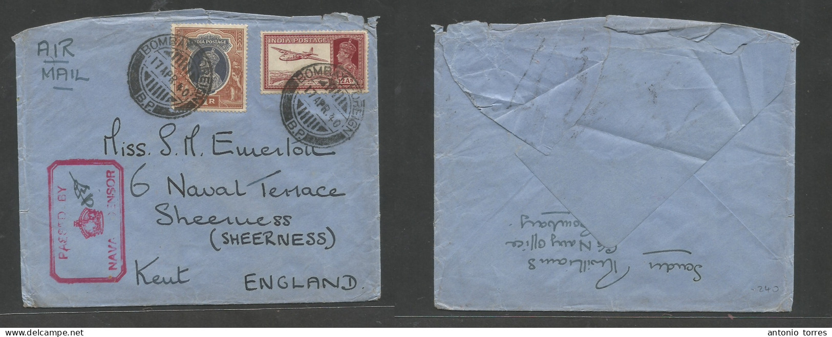 India. 1940 (17 Apr) Naval Office Mail. Bombay - England, Kent, Sherness. Air Multifkd Env, High Rate, Tied Cds + Red Sp - Andere & Zonder Classificatie