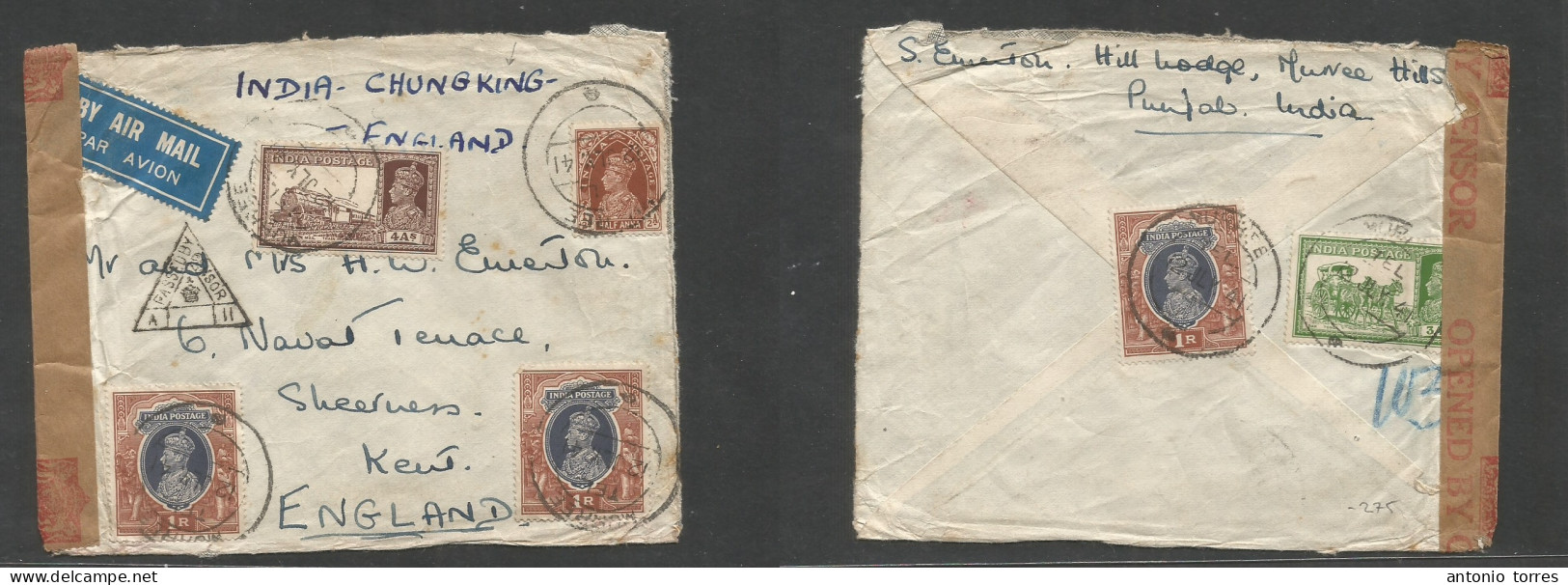 India. 1941 (12 July) Muree, Punjab, Northern Frontier - England, Kent, Sheerness. Air Multifkd Front And Reverse Env. H - Other & Unclassified