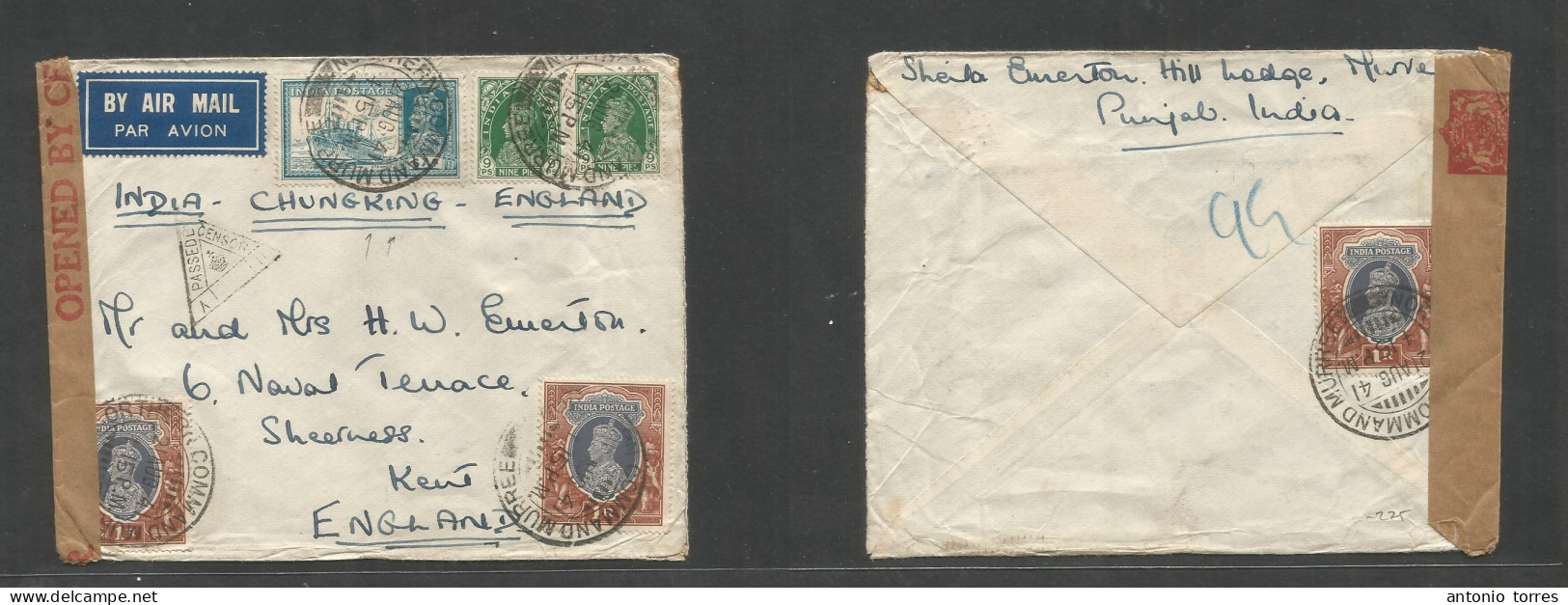 India. 1941 (21 Aug) Muree, Norther Command, Punjab - England, Kent, Sheerness. Air Multifkd Front And Reverse High Rate - Sonstige & Ohne Zuordnung