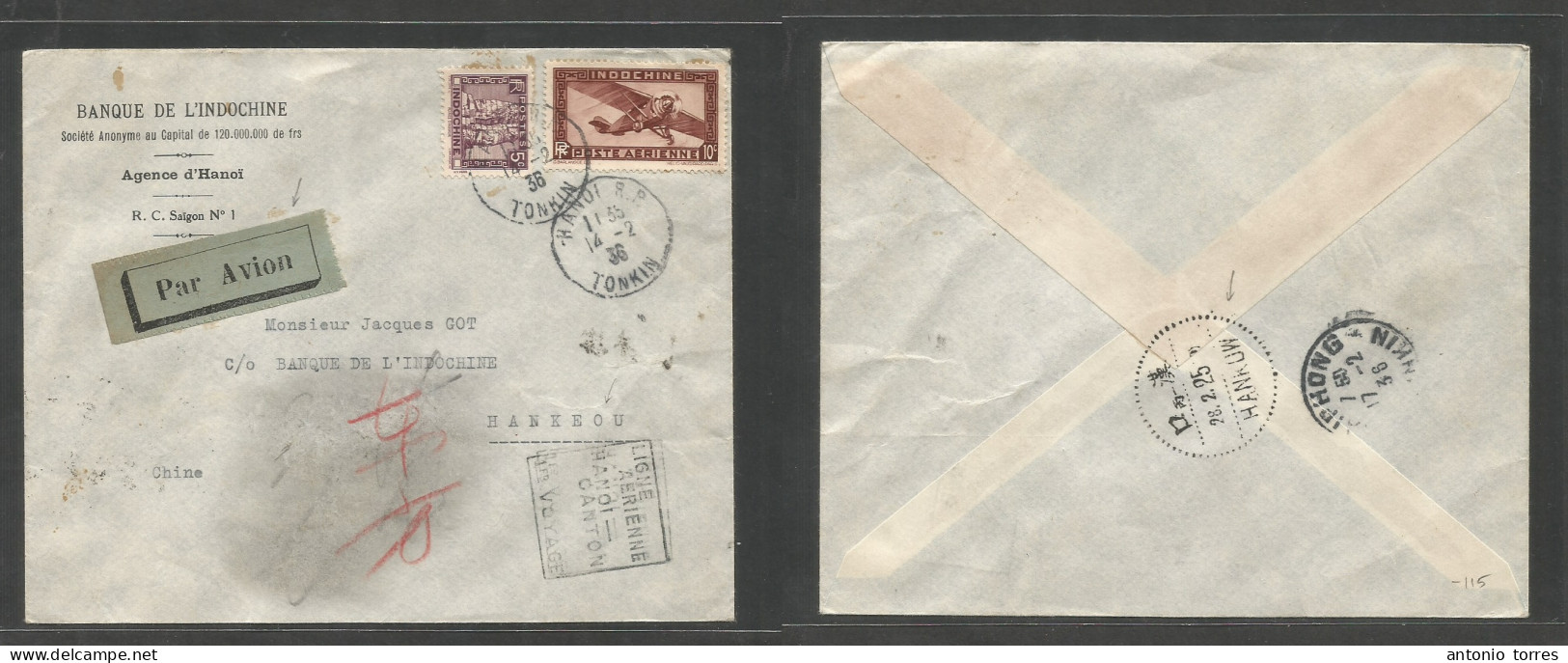 Indochina. 1936 (14 Febr) Hanoi - China, Hankow (28 Febr) Air Multifkd Env Via Haiphong (17 Febr) First Flight Hanos - C - Sonstige - Asien