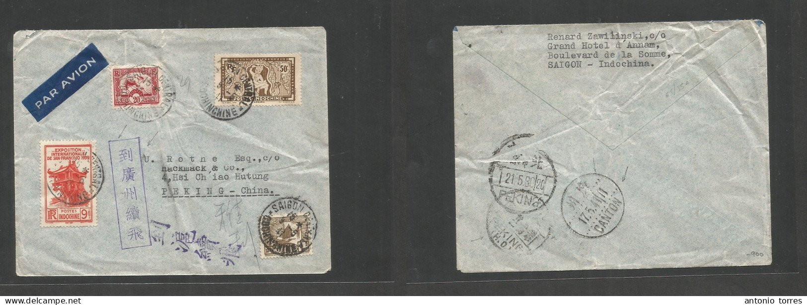 Indochina. 1941 (9 May) Saigon - CHINA, Pekng (21 May) Japanese Occupation. Air Multifkd Env Via Canton (17 May) Rarity - Autres - Asie