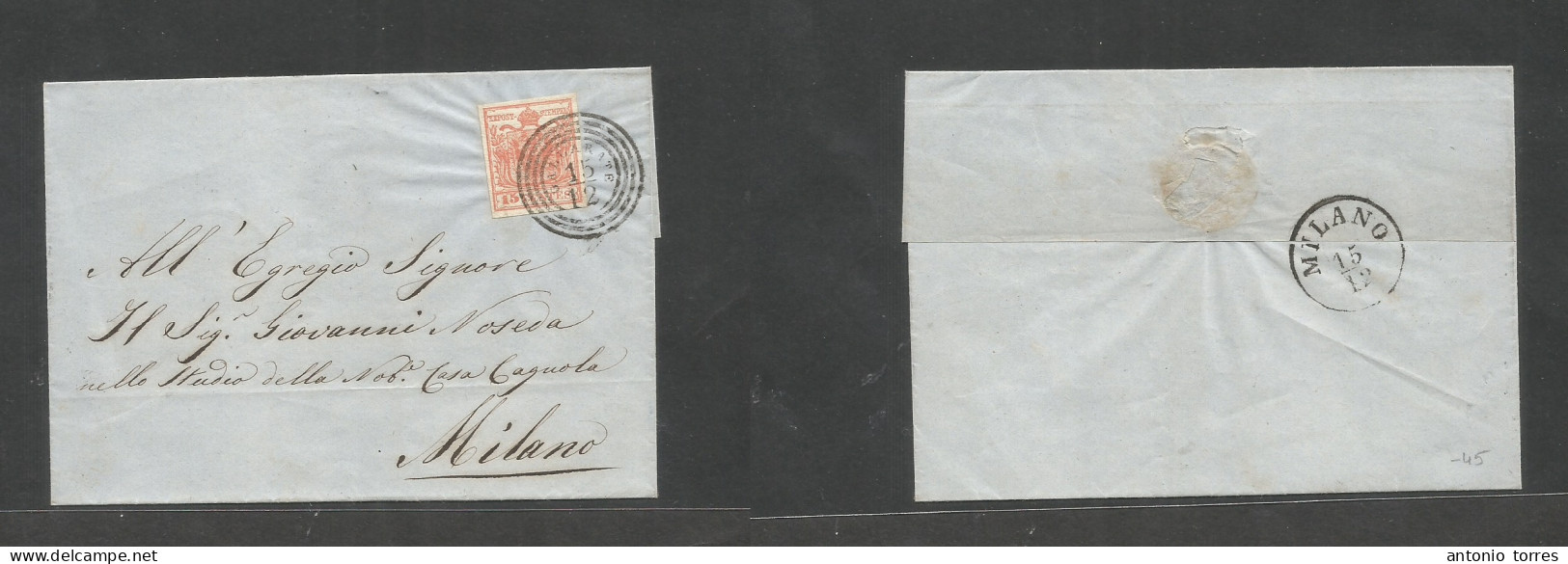 Italy Lombardy - Venetia. C. 1852 (15 Dec) Gallarate - Milano. E Fkd 15 Centes Red, Tied Cds Rings. XF Large Margins, Ar - Ohne Zuordnung