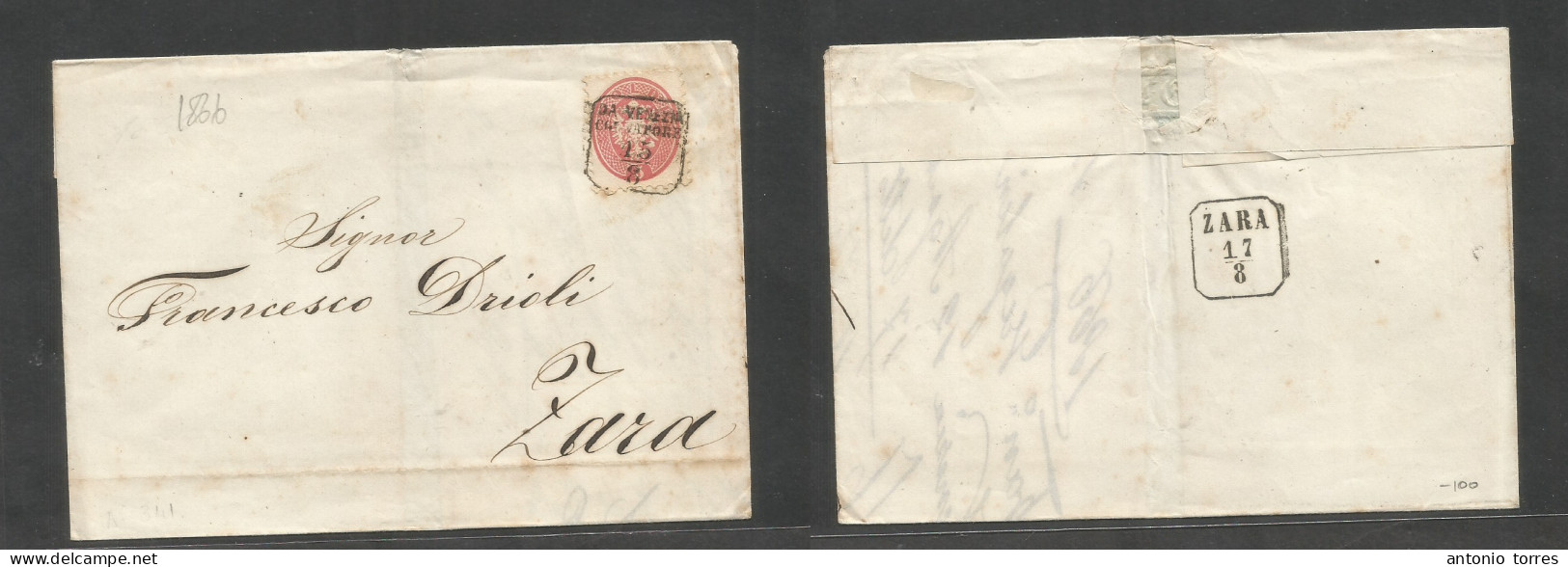 Italy Lombardy - Venetia. 1866 (12 Aug) Venezia - Zara, Croatia (17 Aug) E Fkd 5 Soldi Rose Perf, Tied Box "Da Venezia C - Unclassified