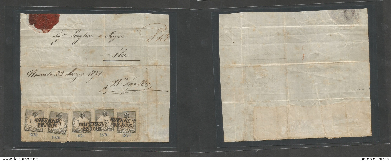 Italy Lombardy - Venetia. 1871 (22 March) Rovereto - Ala. Reverse Multifkd 1870 1kr Fiscal Postal Issue, Tied Doble Line - Non Classés