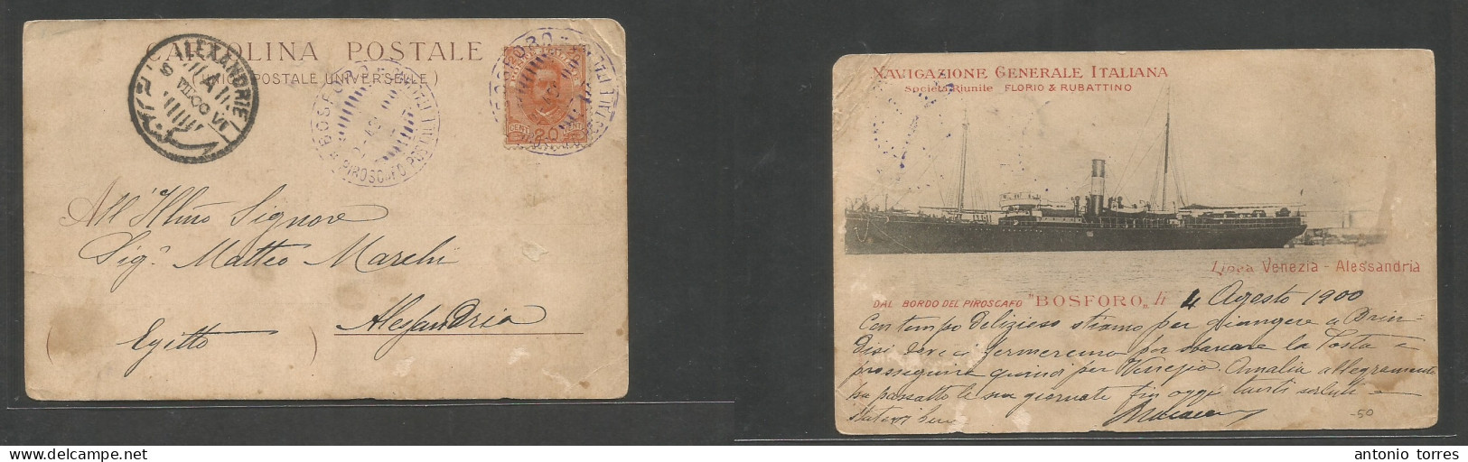Italy. 1900 (2 Aug) Steamer Bosforo - Egypt. Alessandria (9 Aug) King Fkd 20c Red Ppc, Violet Piroscafi Lilac Cds + Arri - Non Classés