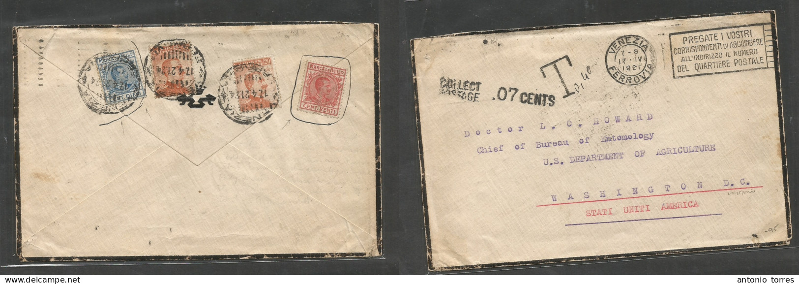 Italy - Xx. 1921 (17 April) Venezia - USA, Washington DC. Registered Reverse King Multifkd Env, Incl 2 Diff Fiscal Stamp - Unclassified