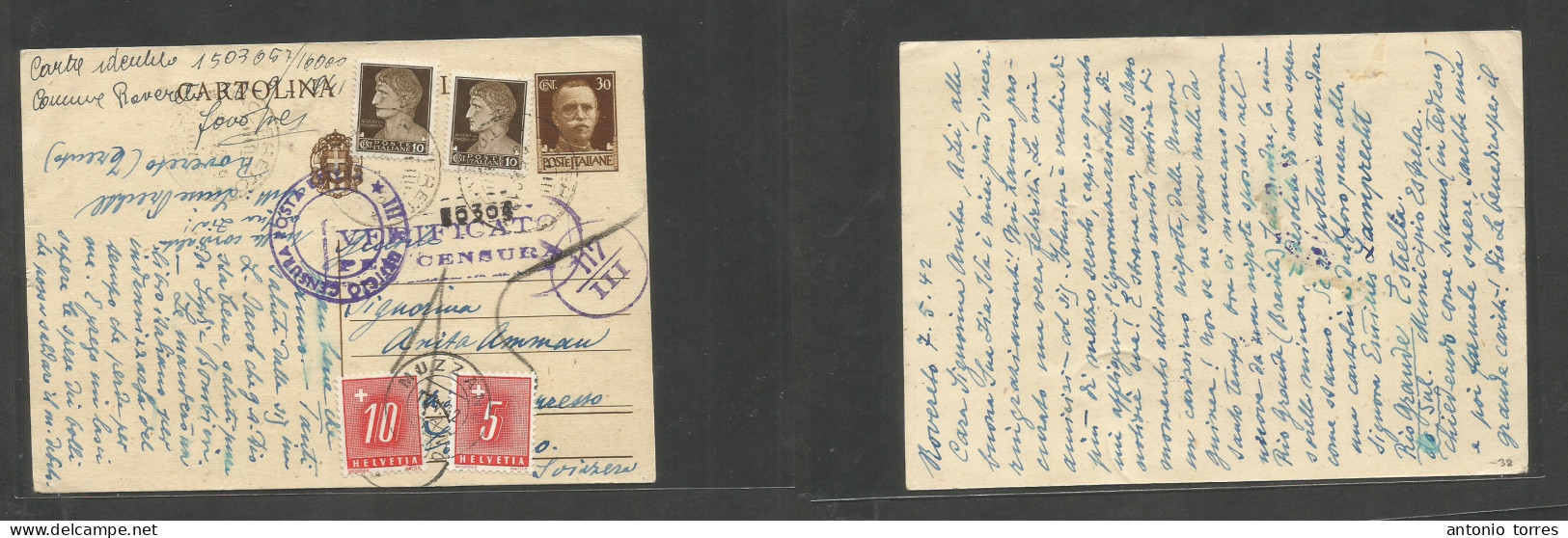 Italy - Stationery. 1942 (7 May) Rovereto - Switzerland, Muzzano (17 May) Multifkd 30c Brown Stat Card + Taxed Upon Arri - Unclassified