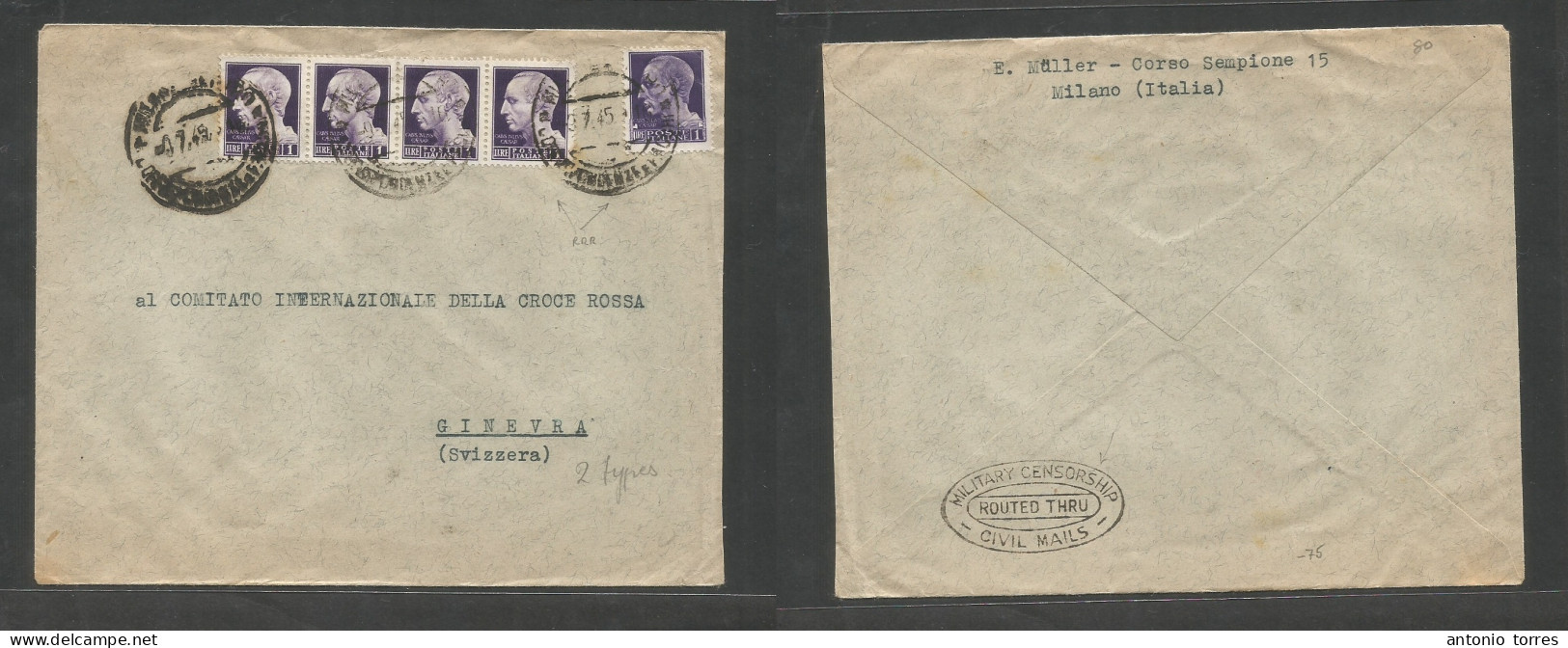 Italy - Xx. 1945 (3 July) Milano - Switzerland, Geneva. Routed Via US Military Service Censor Mail Reverse Oval Cachet + - Non Classificati