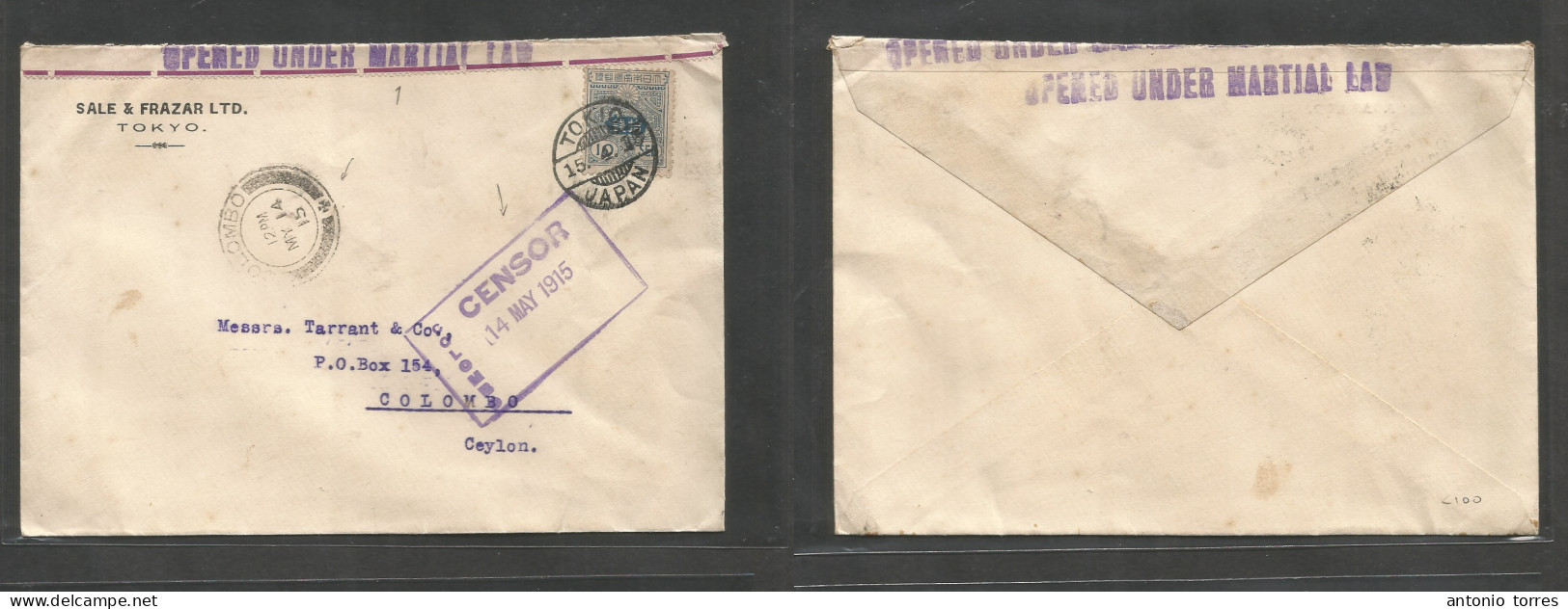 Japan. 1915 (15 April) Tokyo - Ceylon, Colombo, Indian Ocean (14 May) Comercial Fkd 10 Sen Blue Envelope WWI Arrival Cac - Other & Unclassified
