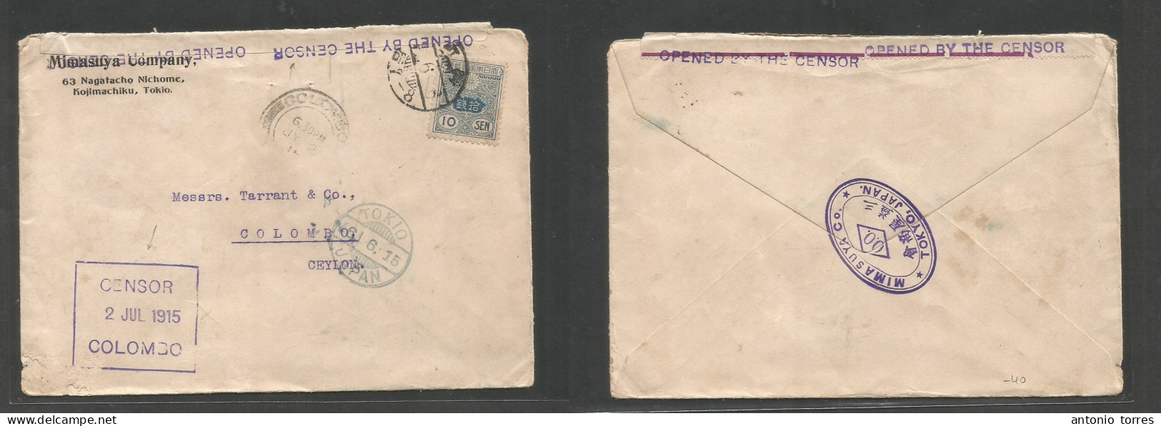 Japan. 1915 (6 June) Tokyo - Ceylon, Colombo, Indian Ocean (2 July) WWI Fkd Comercial Envelope At 10 S Blue Rate, Tied C - Other & Unclassified