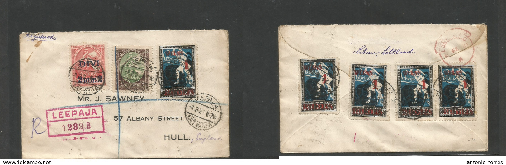 Latvia. 1921 (1 Febr) Lepaja - England, Hull (6 Feb) Registered Multifkd Ovptd Issue Front + Reverse Envelope Tied Cds + - Letland