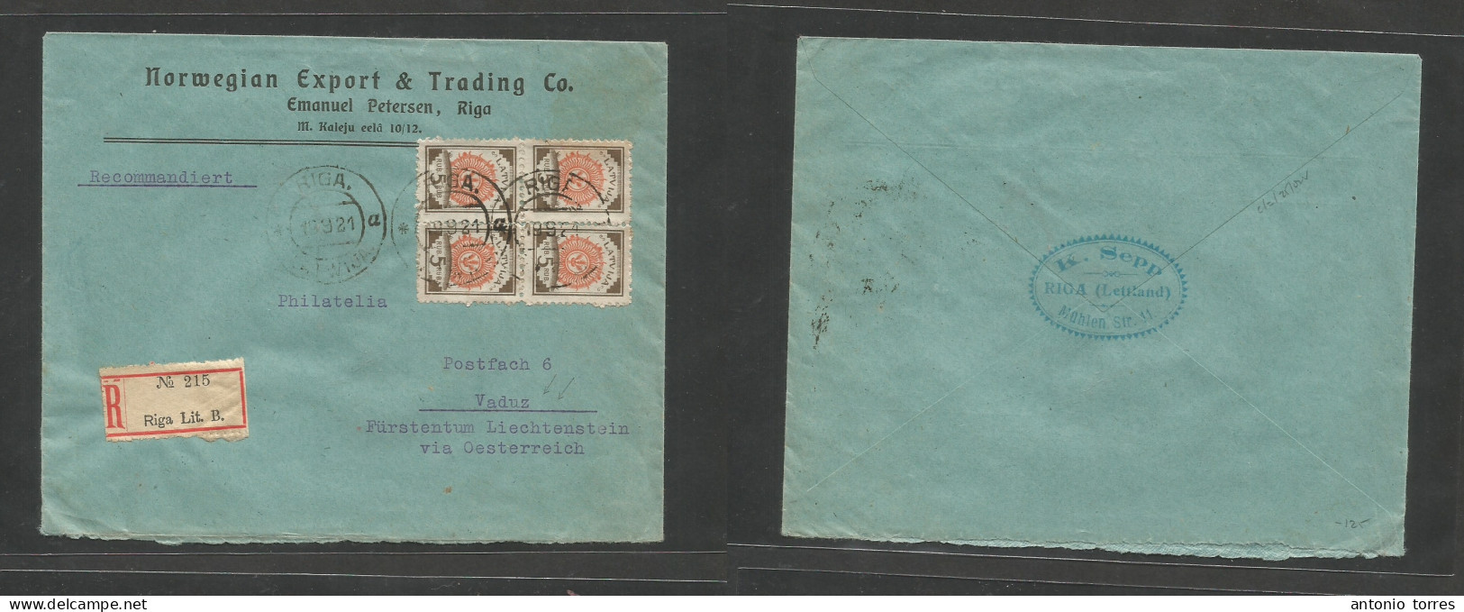 Latvia. 1921 (19 Sept) Riga - Vaduz, Liechtenstein. Comercial Multifkd Block Of Four 5 Rub Strip Tied Cds. Rare Destinat - Lettonie