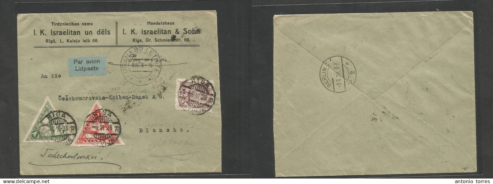 Latvia. 1928 (6 June) Riga - Blansko, Czechoslovakia (8 June) Via Berlin. Air Multifkd Env Incl Triangular Issue On Mixe - Lettonia