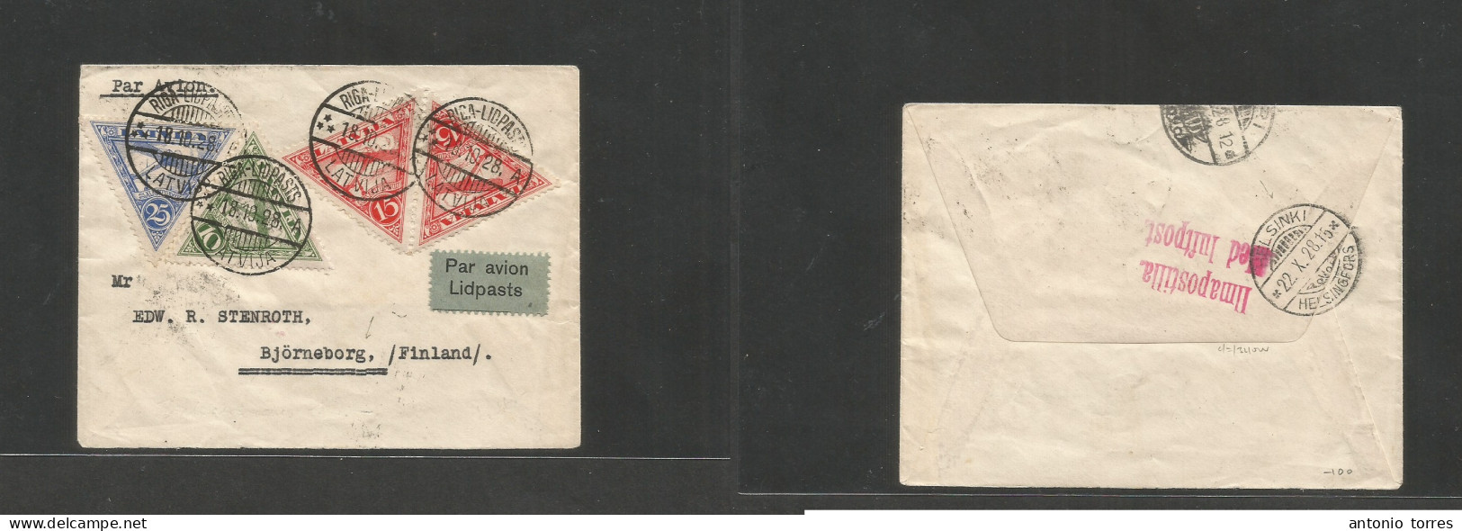 Latvia. 1928 (18 Oct) Riga Lid Pasts - Finland, Bjorneborg (22 Oct) Air Multifkd Envelope Triangular Issue, Tied Cds + R - Lettland