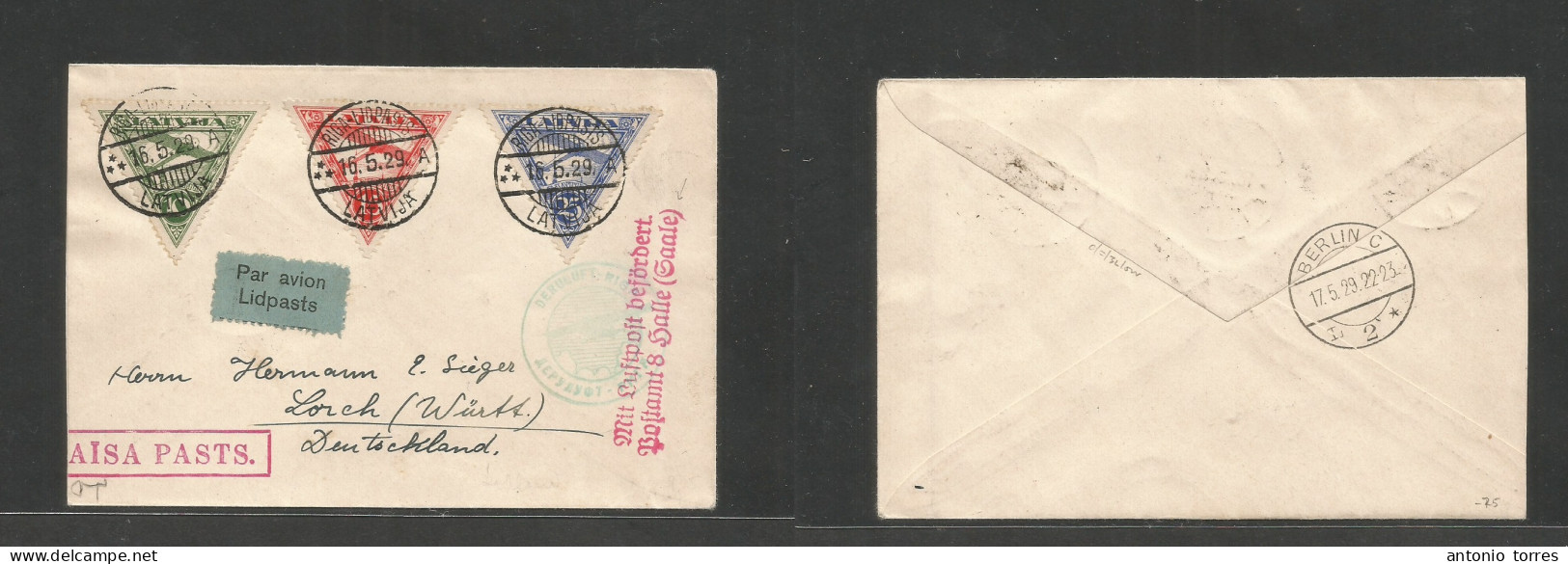 Latvia. 1929 (16 May) Riga Lidpasis - Germany, Lord (17 May) Via Berlin. Air Multifkd Env, Tied German + Soviet Acroflot - Lettland