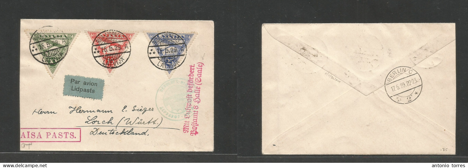 Latvia. 1929 (16 May) Riga Lidpasis - Germany, Lord (17 May) Via Berlin. Air Multifkd Env, Tied German + Soviet Acroflot - Lettonia