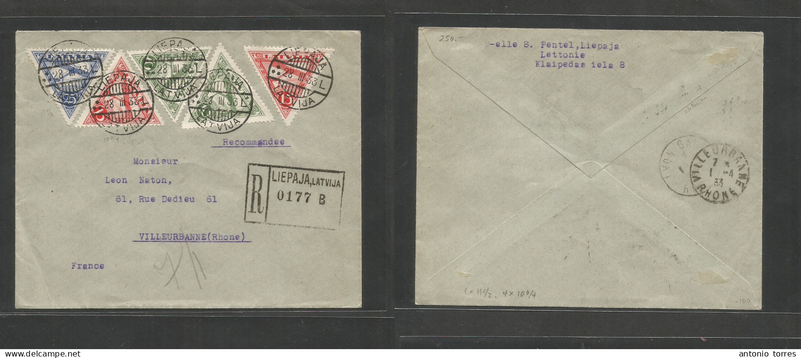 Latvia. 1933 (28 March) Liepaja - France, Villeurbane (1 April) Registered Multifkd Env (x5) Triangular Stamps, Tied Cds - Lettland