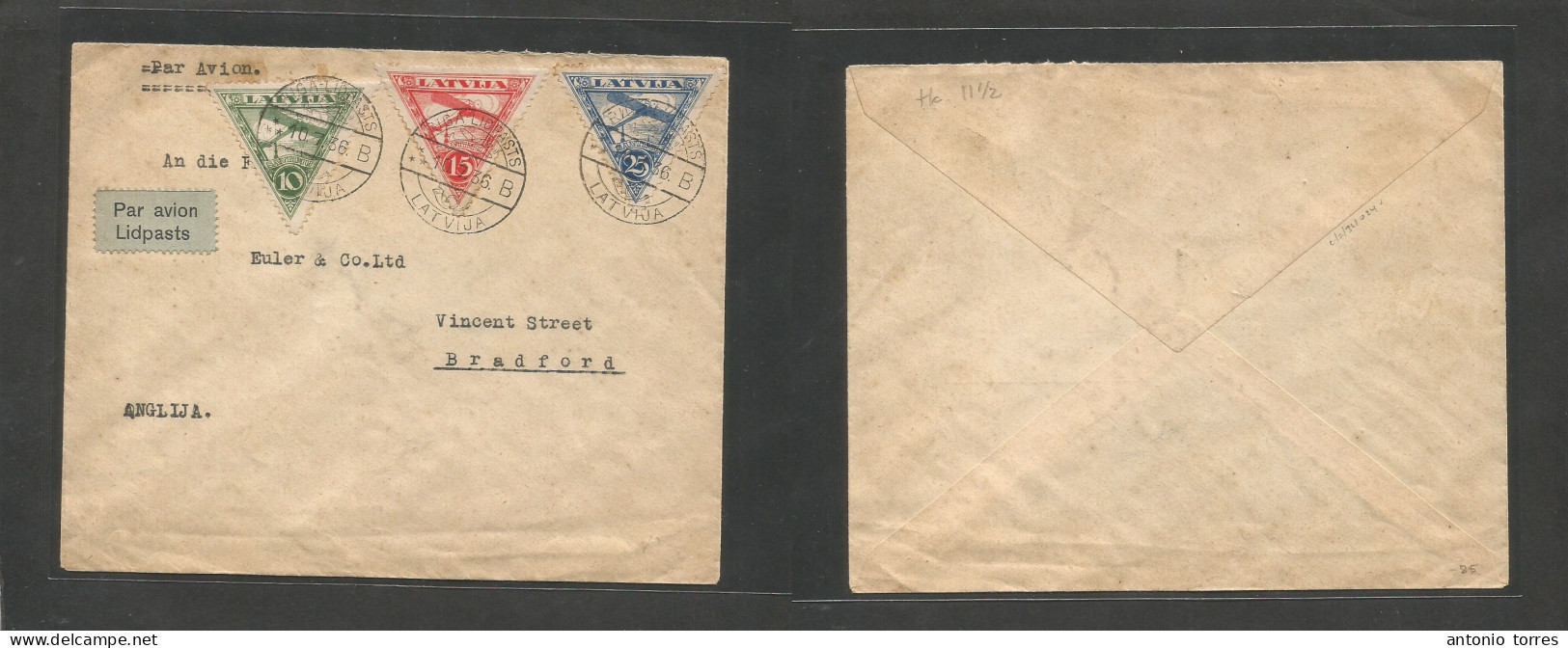 Latvia. 1936 (10 July) Riga Lidpastis - UK, Bradford. Air Multifkd Envelope, Triangular Usage. Fine. - Letland