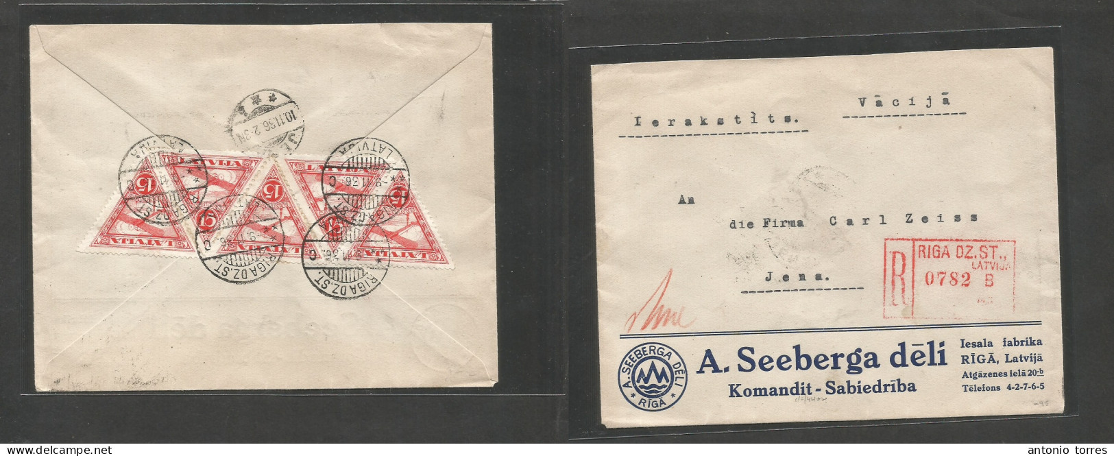 Latvia. 1936 (9 Nov) Riga Dz St - Germany, Jena (10 Nov) Registered Comercial Reverse Multifkd Triangular Air Issue Enve - Lettonie