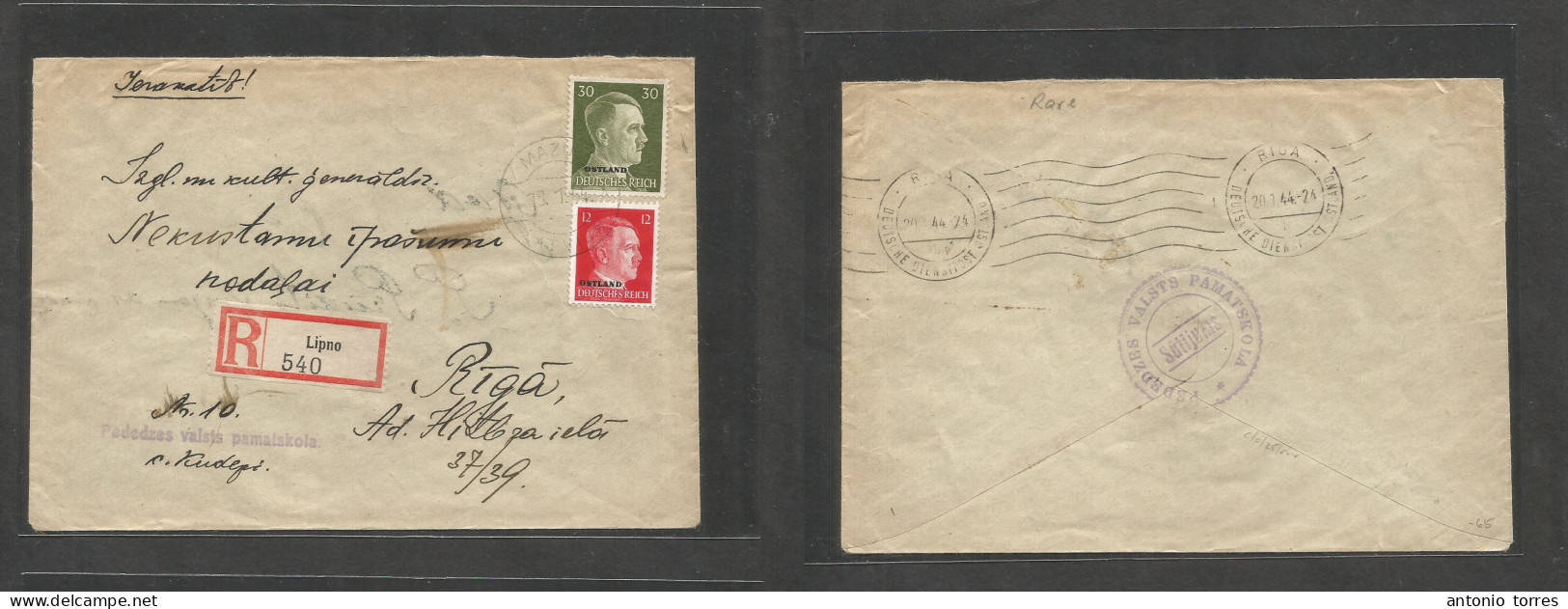 Latvia. 1944 (18 Jan) Nazi Occup, Mazu - Riga (20 Jan) Registered Multifkd Env, Tied Cds + R-label. Arrival Reverse Ovpt - Latvia