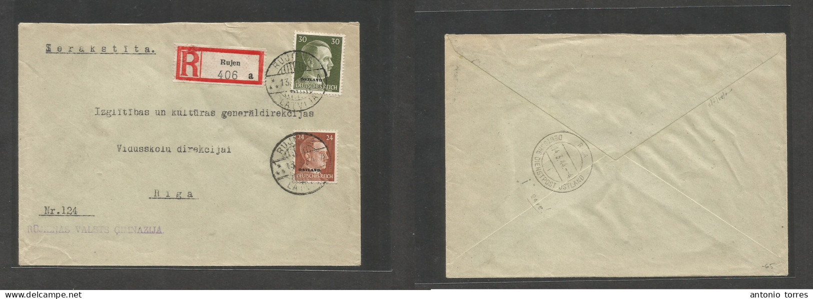 Latvia. 1944 (13 March) Nazi Occup. Rujen - Riga (14 March) Registered Ovptd Ostland Multifkd Envelope Arrival Cachet, T - Lettonia