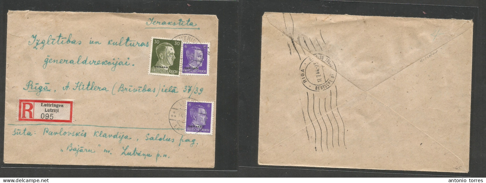 Latvia. 1944 (16 July) Nazi Occup, Lutrini - Riga (17 July) Hitler Ovptd Issue Multifkd Registered Usage. Arrival Cachet - Lettland