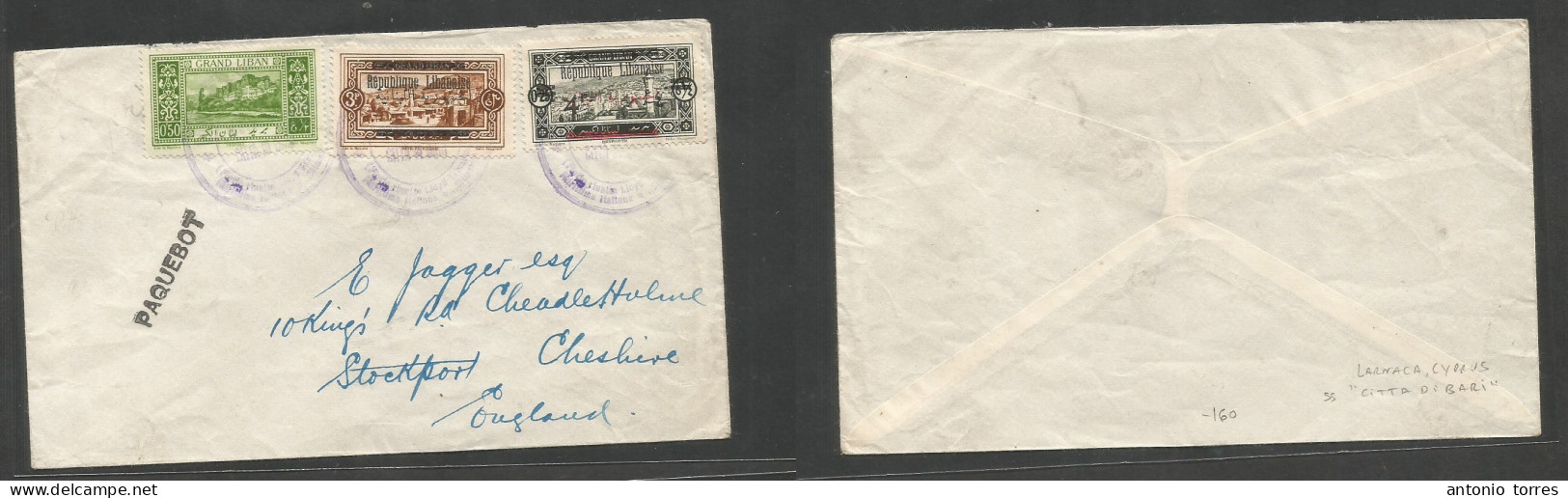 Lebanon. C. 1928. Multifkd Pqbt Mail Envelope To Stockport, England, Lilac Cachet "Citta De Bari" Cancelled On Transit A - Lebanon