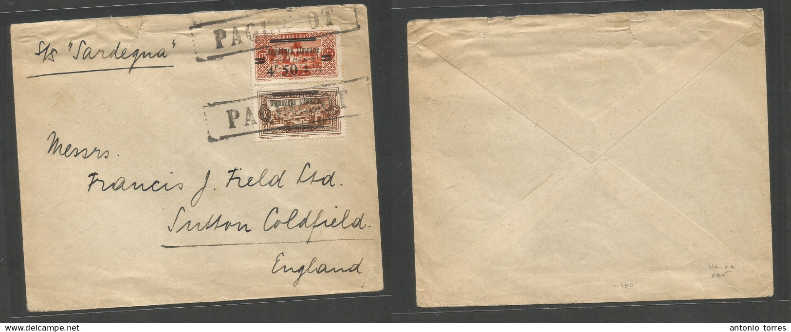 Lebanon. C. 1928. Haifa, Paquebot Mail "SS Sardegna" Multifkd Env To England, Sutton, Coldfield Tied Box Twice. Palestin - Libanon