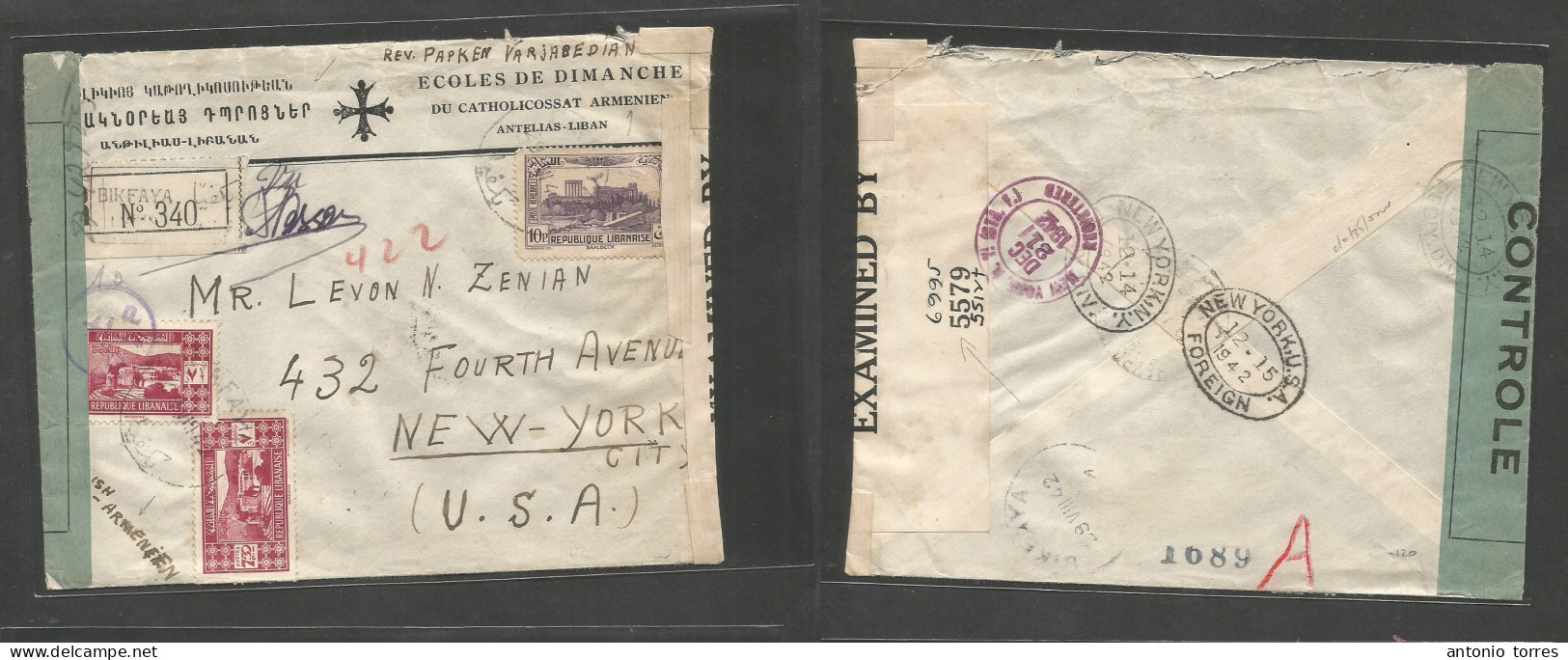 Lebanon. 1942 (29 Aug) Bikfaya - USA, NYC (21 Dec) Registered Multifkd Dual Censor Incl British Palestine + French Envel - Liban