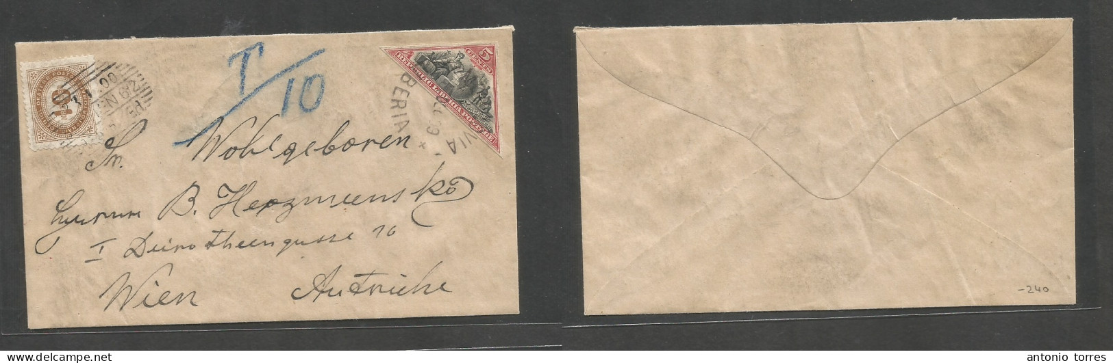 Liberia. 1899 (Dec 19) Monrovia - Austria, Wien, Where Taxed (23 Jan 00) Fkd 5c Red Imperf Fkd Envelope, Tied Cds + T/10 - Liberia