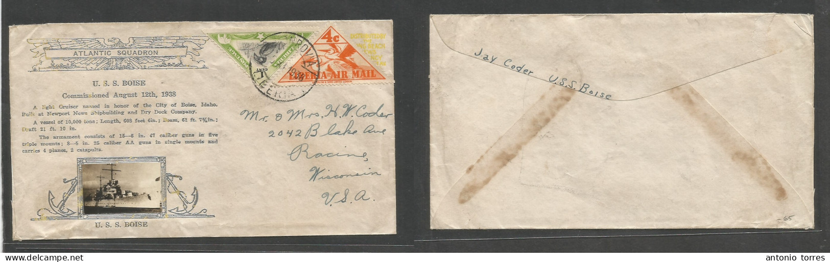 Liberia. 1938 (5 Nov) Monrovia - USA, Wisconsin, Racine. USS Boise Atlantic Squadron. Multifkd Envelope, Tied Cds. Birds - Liberia