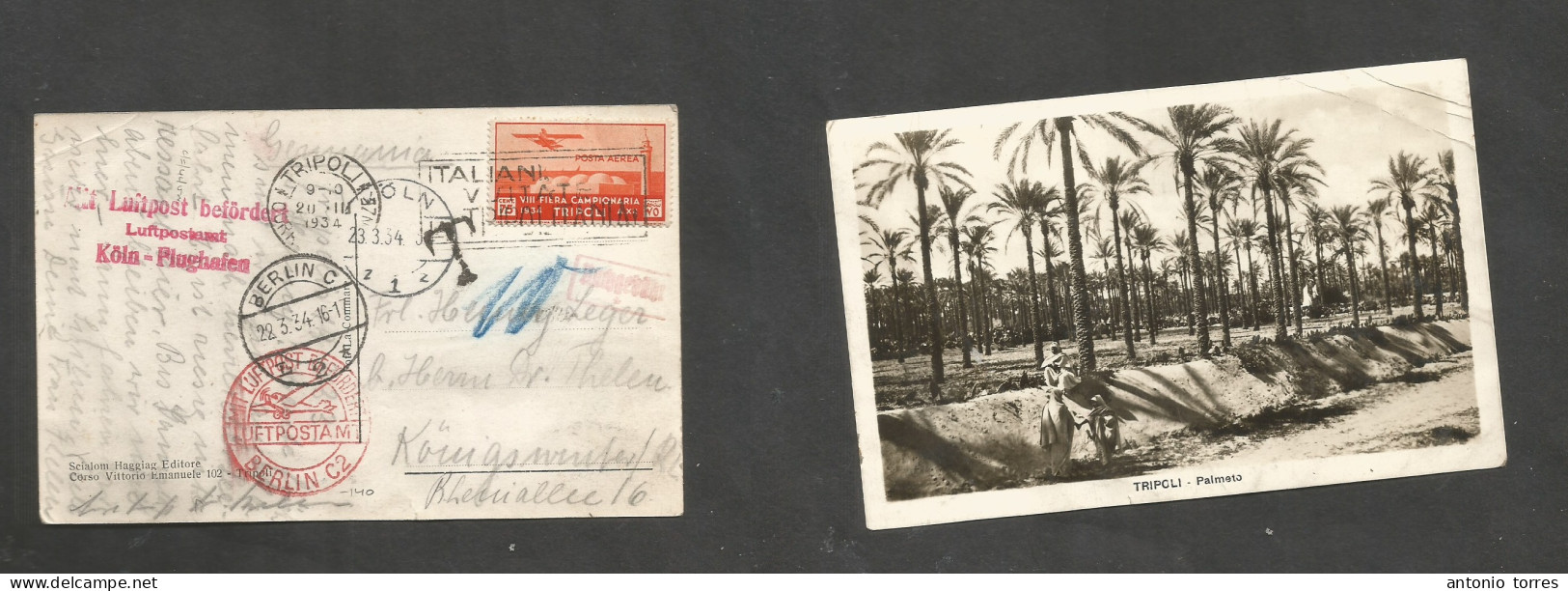 Libia. 1934 (20 March) Italian Postal Admin. Tripoli - Germany, Berlin (22 March) Air Single 75c Orange Fkd Ppc, Taxed + - Libië