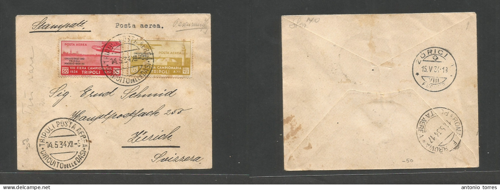 Libia. 1934 (14 May) Italian Admin. Tripoli - Switzerland, Zurich (15 May) Air Ovptd Issue Multifkd Envelope. Reverse Tr - Libia