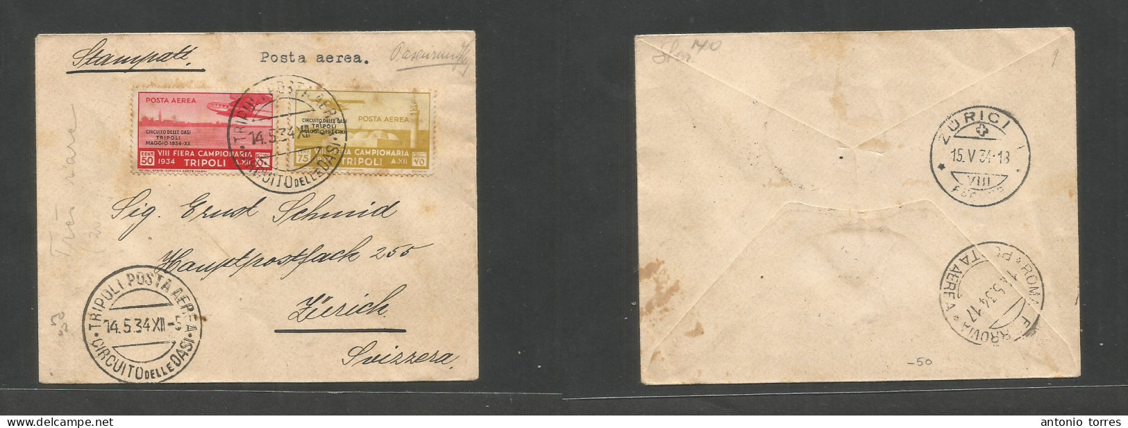 Libia. 1934 (14 May) Italian Admin. Tripoli - Switzerland, Zurich (15 May) Air Ovptd Issue Multifkd Envelope. Reverse Tr - Libye