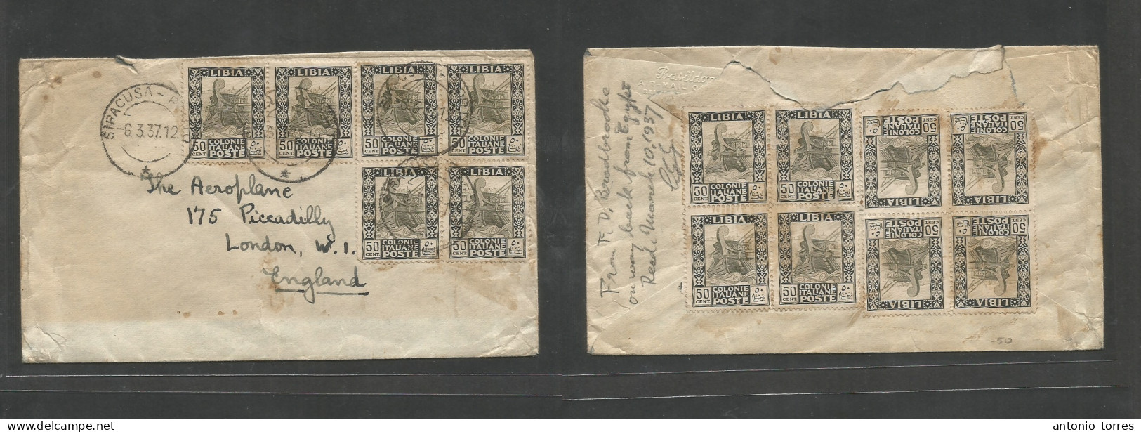 Libia. 1937 (6 March) Italian Admin. Siracusa - England, London. Multifkd Env Front And Reverse At 700c Rate. Fine. - Libia