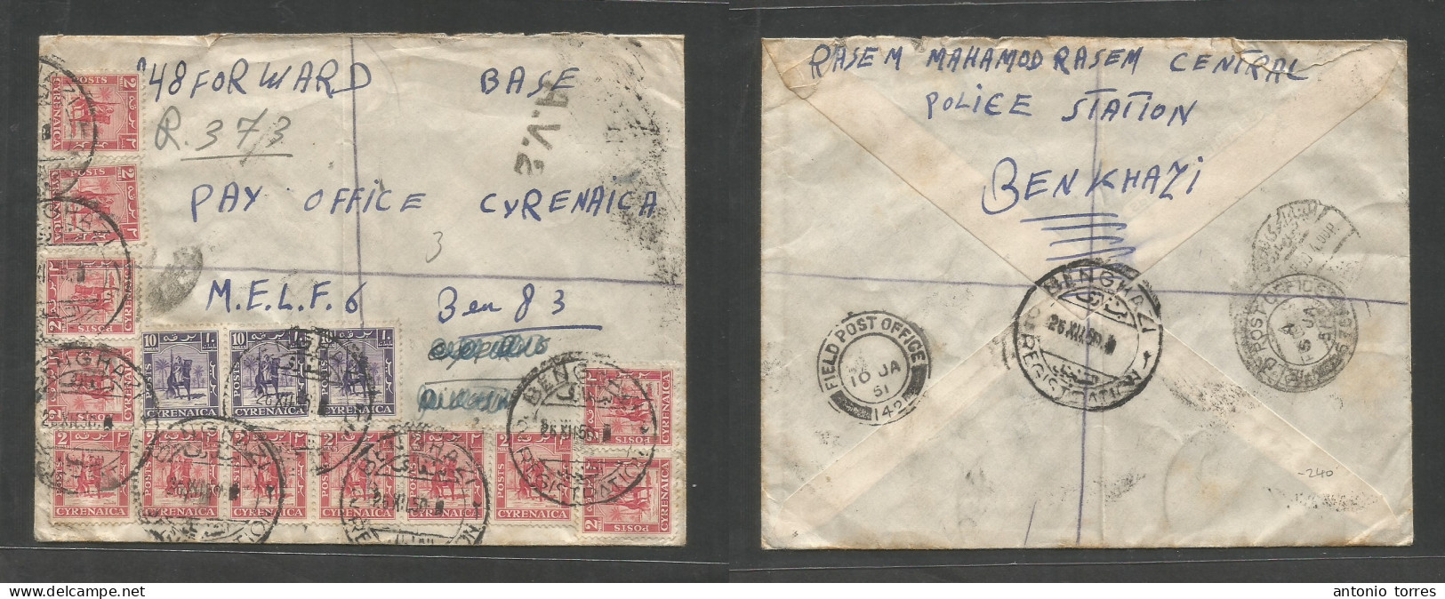 Libia. 1950 (25 Dec) Benghazi - Cyrenaica, MELF6 (5 Jan 51) + (10 Jan 51) Registered Air AVII. Multifkd Envelope. Revers - Libye