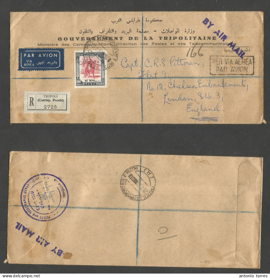 Libia. 1952 (28 Febr) Tripoli - England, London. Registered Air 48 Mail Overprinted Single Fkd Envelope, Tied Cds + Two - Libye